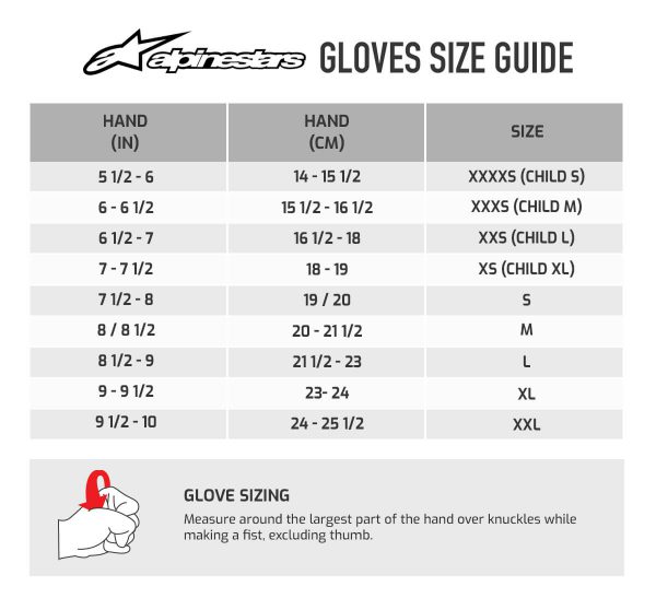 Guide des tailles des gants alpinestars